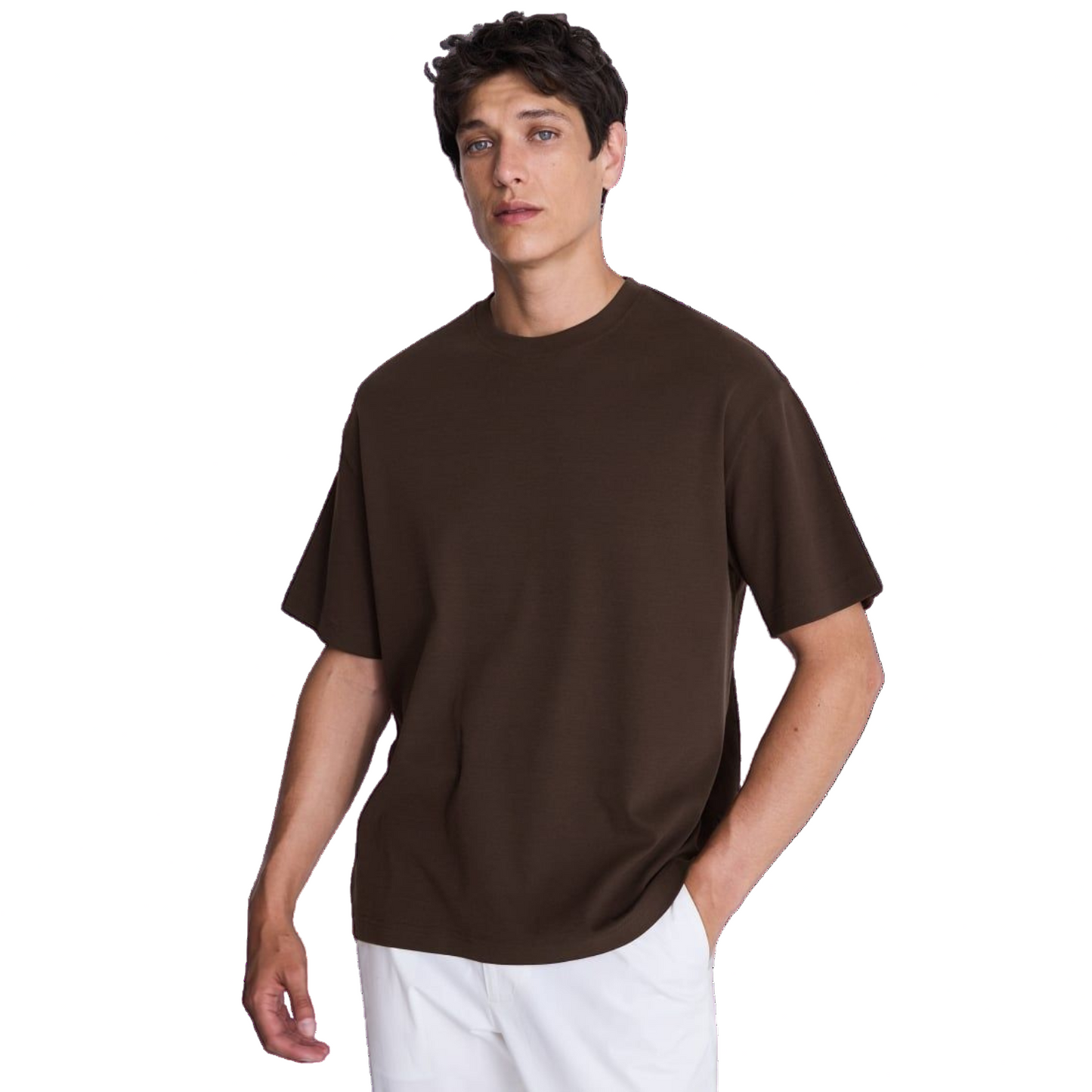 Man wearing a brown t-shirt on a white background